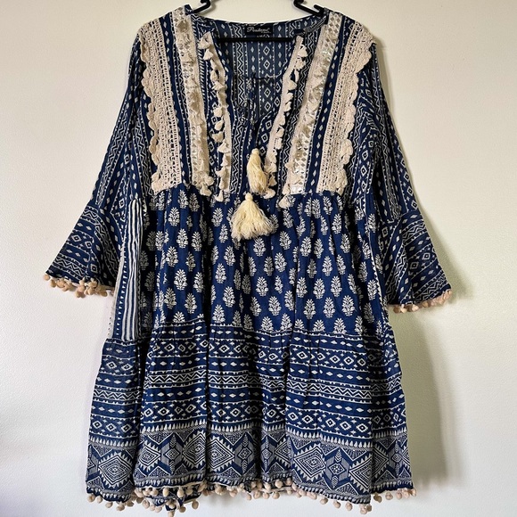 Positano Dresses & Skirts - Blue Boho Chic Block Mix Match Print Tiered Mini Dress, Ties and Tassels/AU12